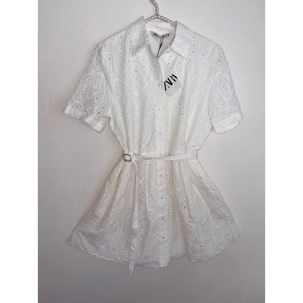 Zara Eyelet Shirt Dress medium White New Belted Scalloped Mini Embroidery - Picture 6 of 16